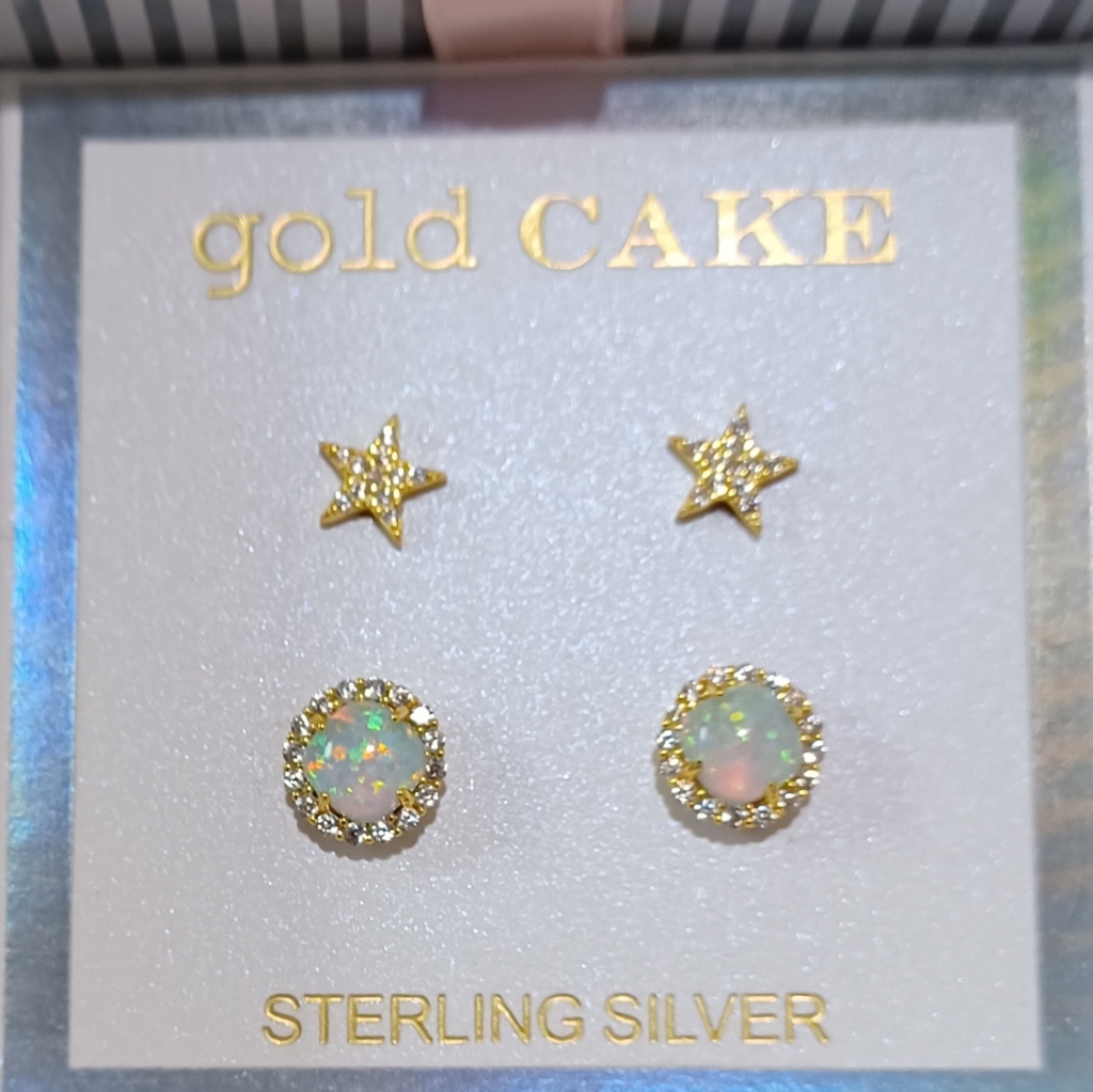 2 Pairs Of Gold Cake Earrings Stud Post Cz Sterlin